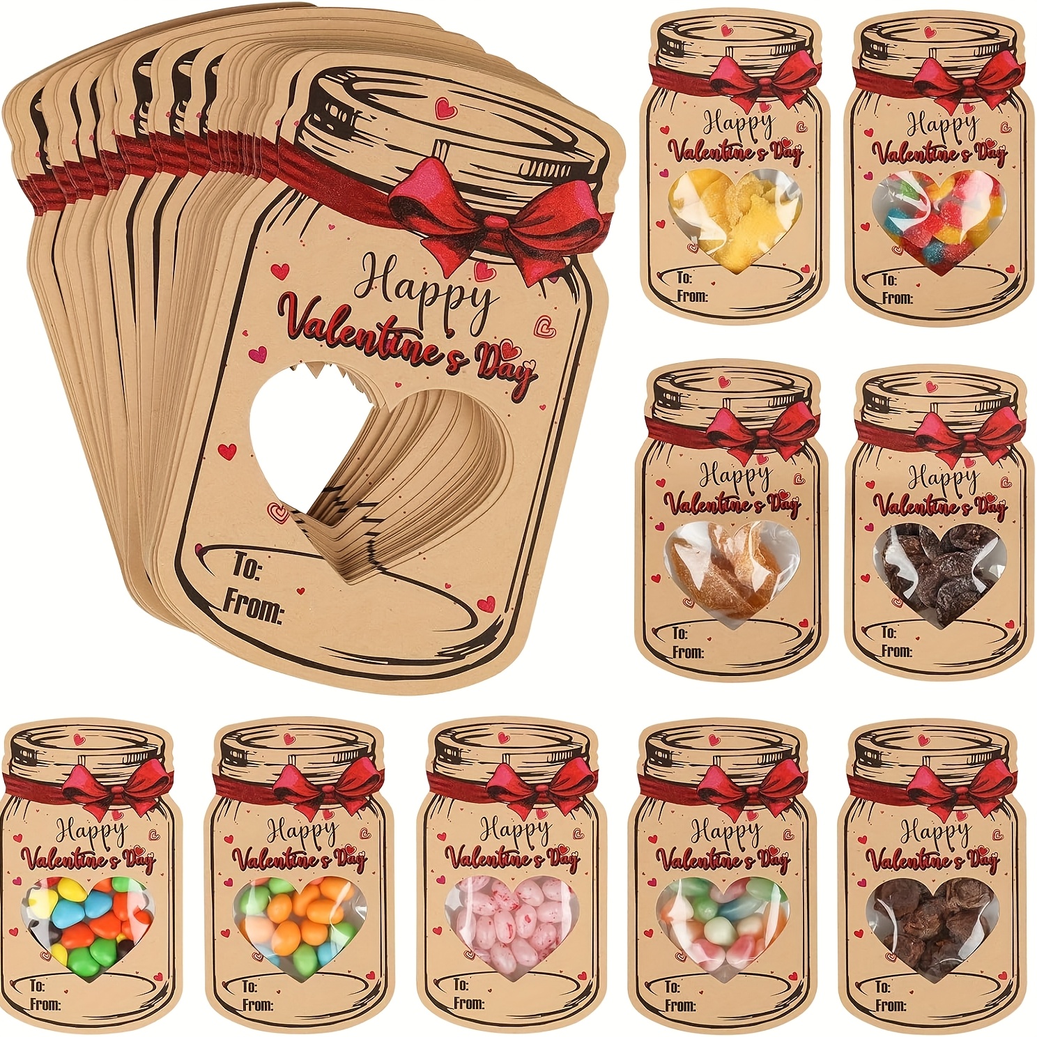 

48pcs Mason Jar Valentine's Day Card Set With Candy Pouches - Diy Heart-shaped Themed Cards For Gifts, Classroom Exchanges, Graduations & Birthdays | Fun Craft Kit, Included