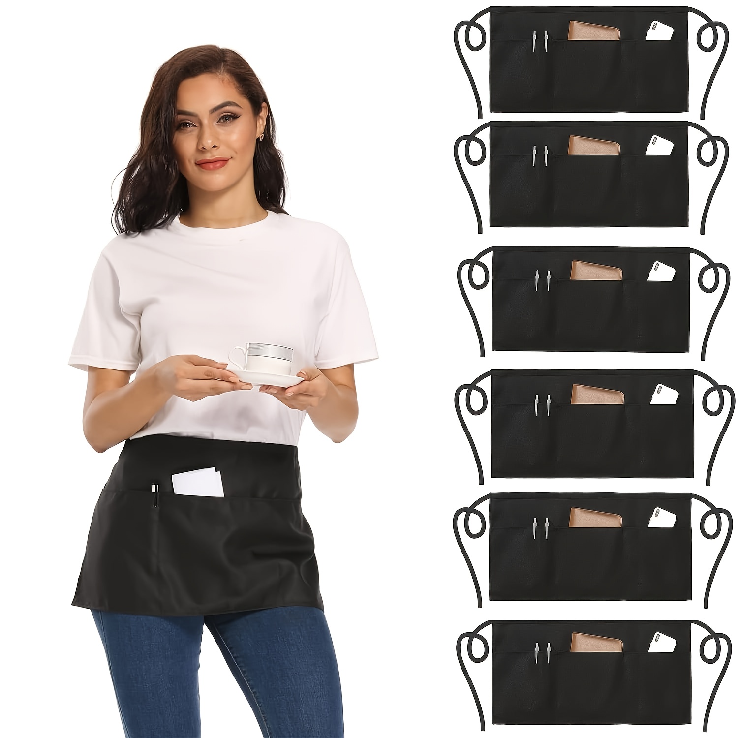 TEMU 6 Pack Waist Aprons, Waiter Aprons With 3 Pockets, Polyester Breathable Half Aprons For Men And Women, Cooking Aprons For Cooking, Cleaning,
