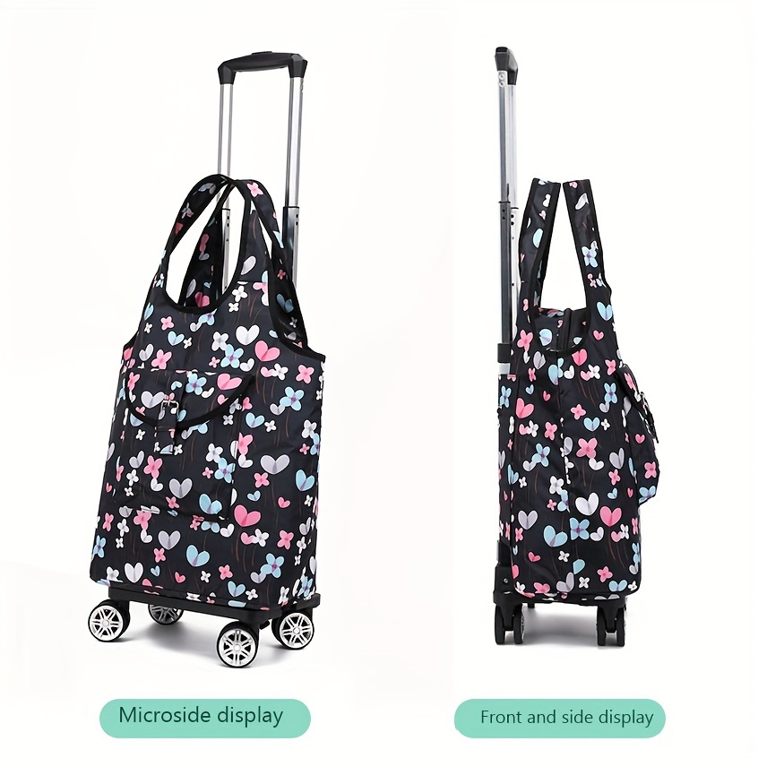 1pc Elegant Heart & Floral Pattern Foldable Shopping Cart with Telescopic Aluminum Handle – Portable 4-Wheel Rolling Grocery & Camping Cart, Black with Blue & Pink Hearts, Hand Wash Only, Travel Storage Cart | Elegant Pattern Design | Durable Fabric Cart