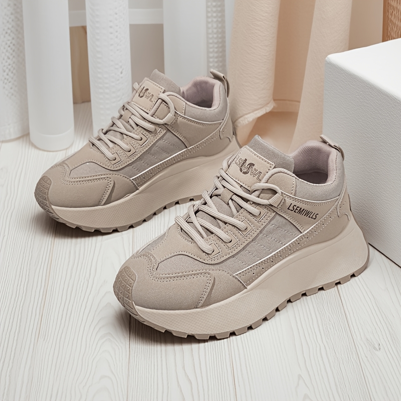 TEMU Women's Retro Thick-sole Casual Shoes, Lace-up Round Toe Design, Daily Versatile Height-increasing Sneakers