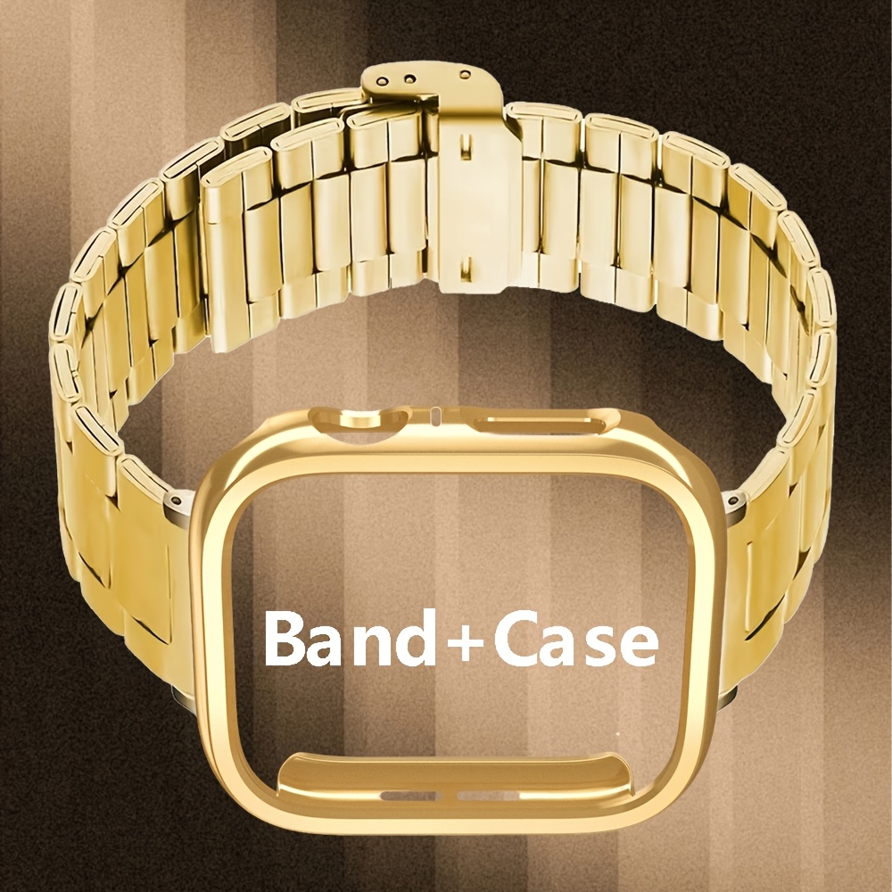 TEMU 2 piezas/juego de correa de metal y carcasa de PC compatible con Apple Watch 40 mm 41 mm 44 mm 45 mm 42 mm 46 mm 49 mm, correa de acero