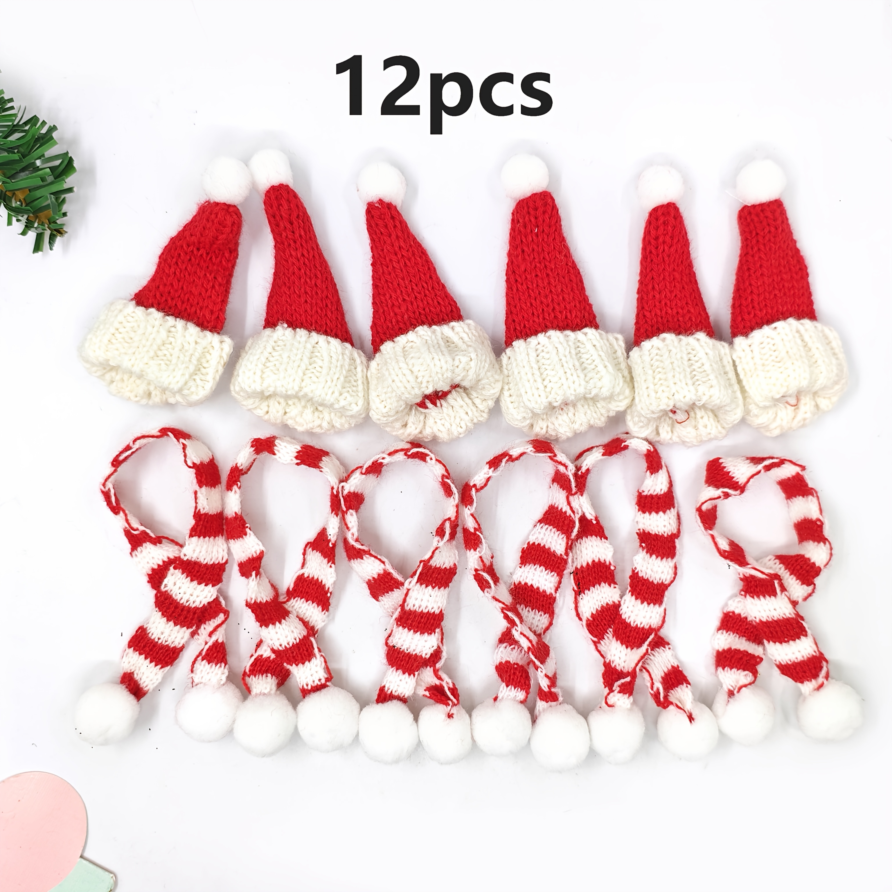 Image of 12pcs Mini Christmas Knitted Hats And Scarves, Red And White Santa Hats With Plush Balls, Snowman Decorations, Christmas Tree Ornaments, Handmade Craft Decorations, Holiday Atmosphere Decor