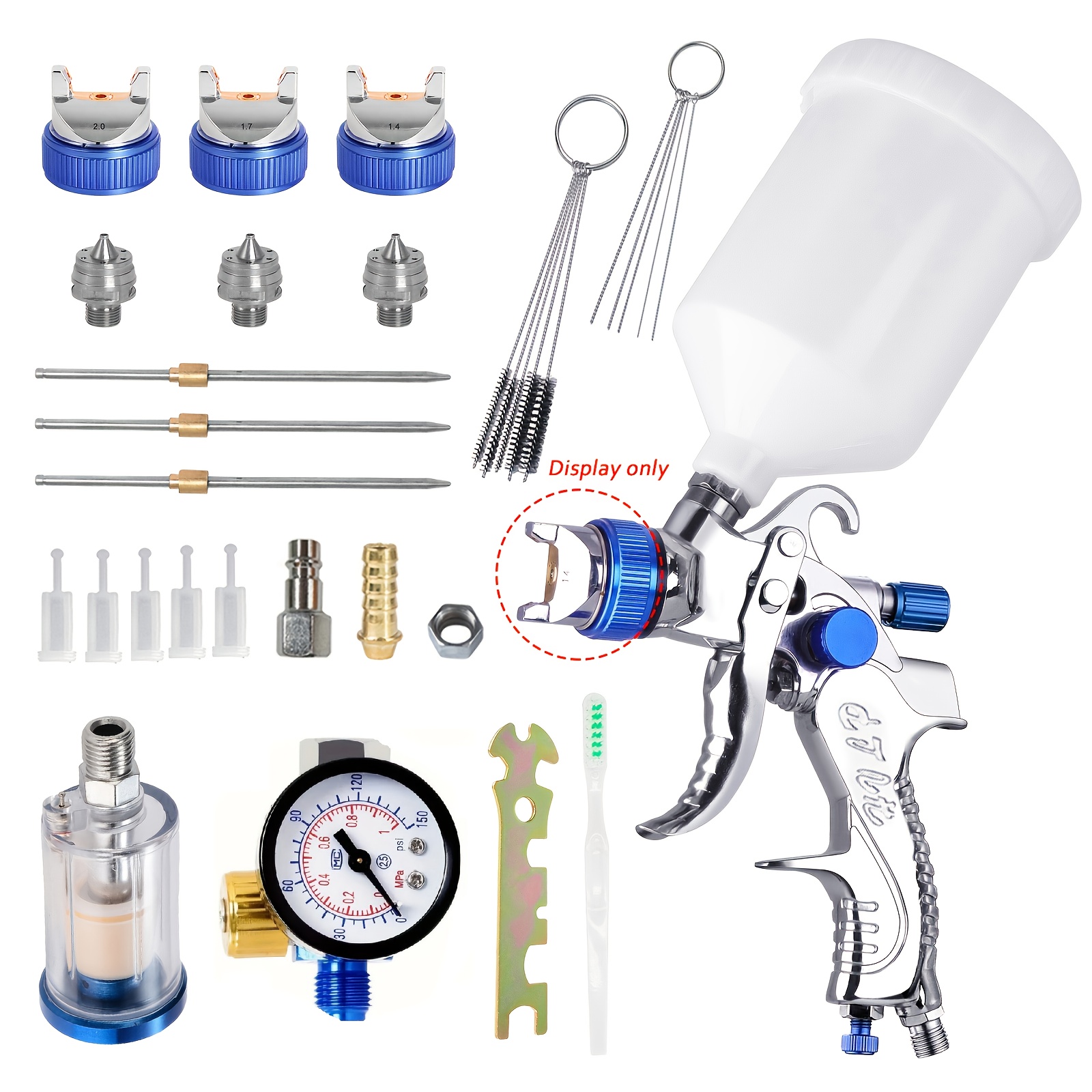 E-shop HVLP 20,29oz 1,4/1,7/2,0mm Schwerkraft-Luftdruck-Farbspritzpistole, für Autoreparatur-Lackierset, mit Druckregler Filter, Aluminiumlegierung,