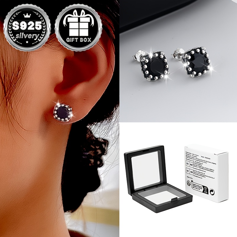 

2pcs925 Pure Silvery Retro Low Sensitivity Square Black Zirconia Earrings Korean Version Ins Simple And Exquisite Small Earrings For Women . 2.9g