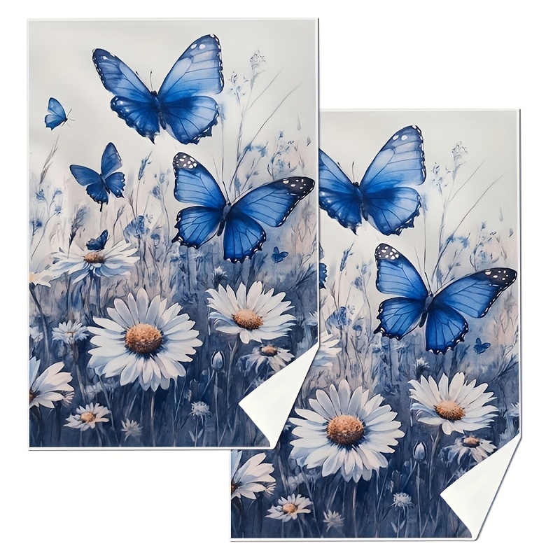 TEMU Cleaning Cloth 2pcs Kitchen Towels, Bathroom Blue Daisy Pattern, Vibrant Colors, Birthday And Housewarming Gifts For , Multifunctional Holiday