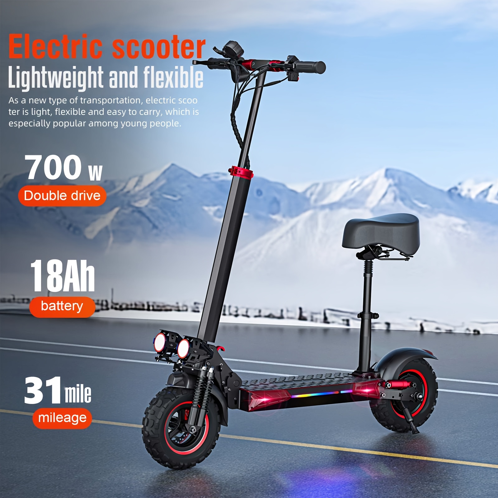 folding electric scooter 700w motor 19 mph   11 inch large tires 31 mile range single drive black and red with led lights and seat Product details 0