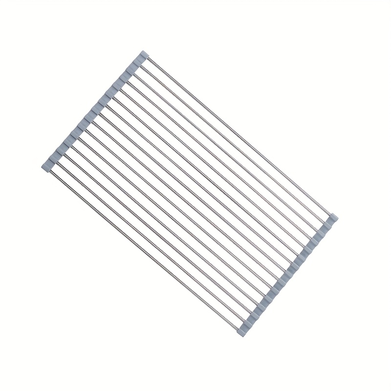 TEMU 1pc, Deluxe Roll-up Stainless Steel Dish Drying Rack - Space-saving, Multifunctional, Over-the-sink Design, Portable, Rollable, Anti-rust, Easy