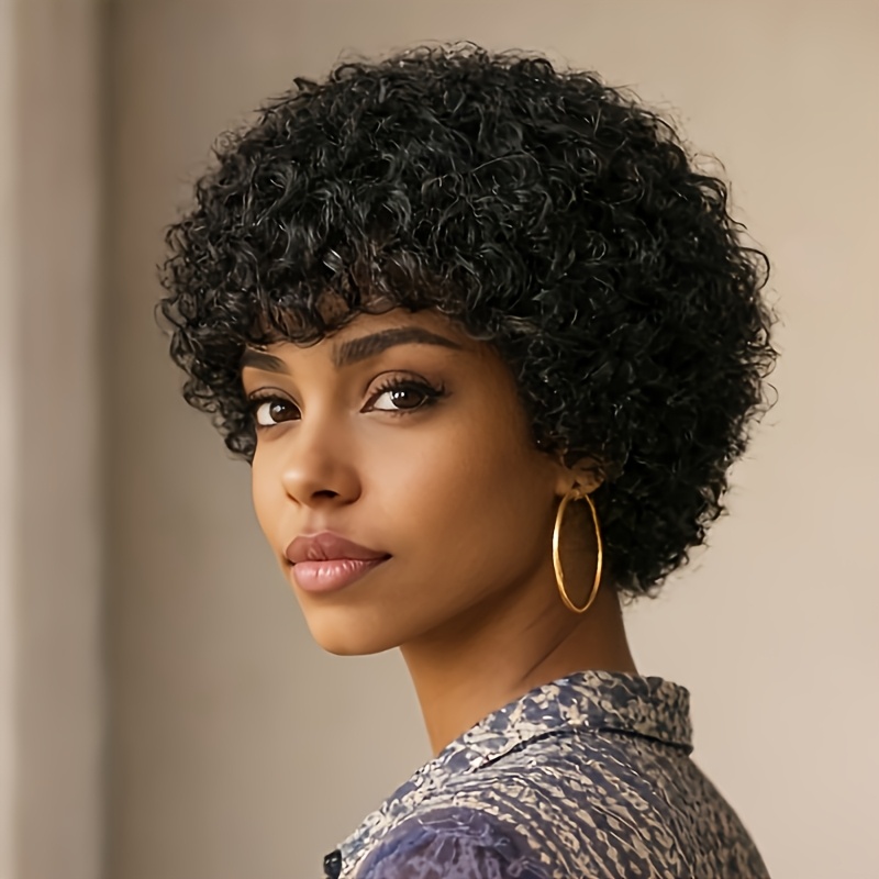 TEMU Perruque Femme Coupe Brésilienne Cheveux Humains Ondulés Bouclés avec Frange 150%, Perruque Respirante pour un Look Naturel Plus Légère et