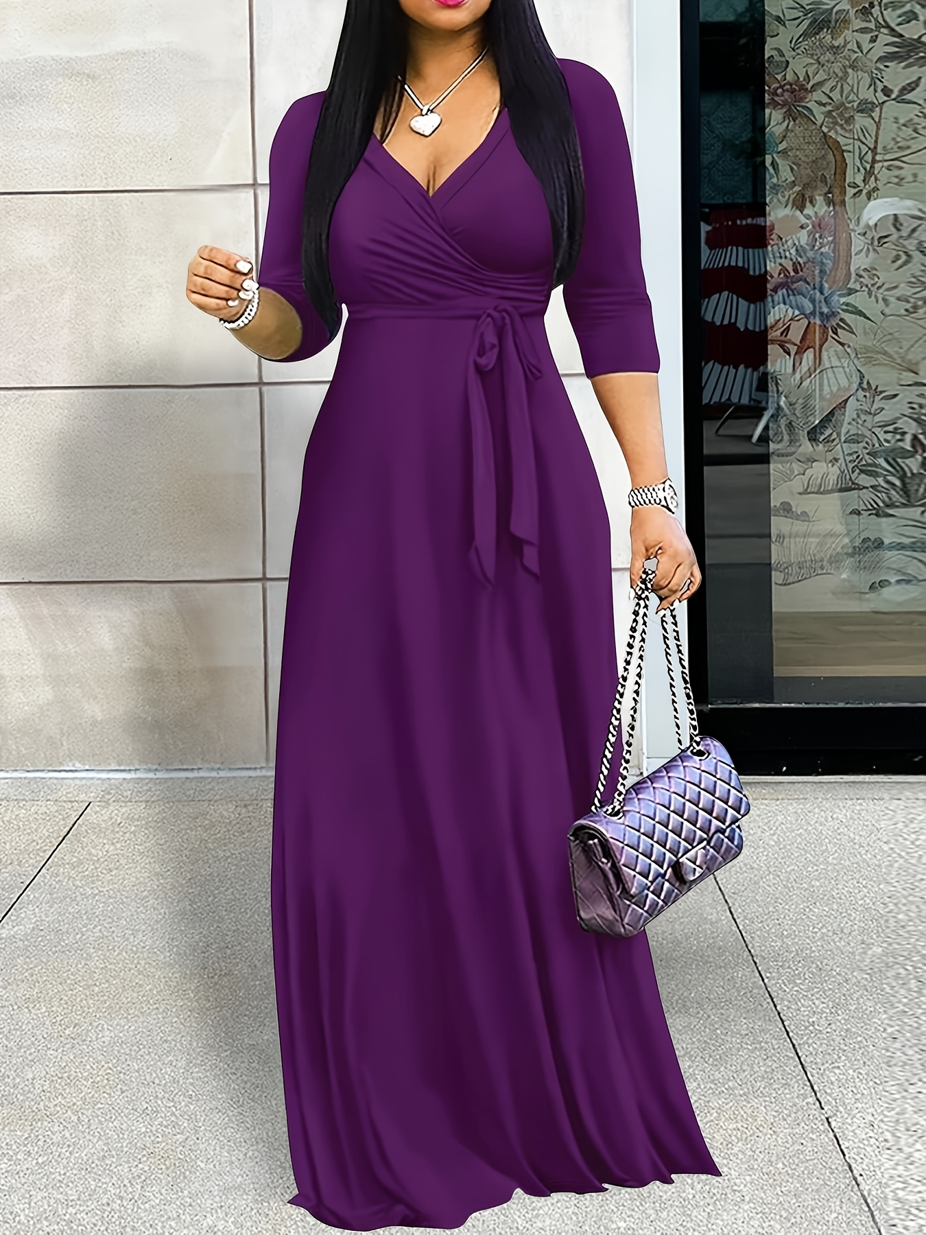 womens elegant v neck a line dress belt length formal semi - Temu Mauritius