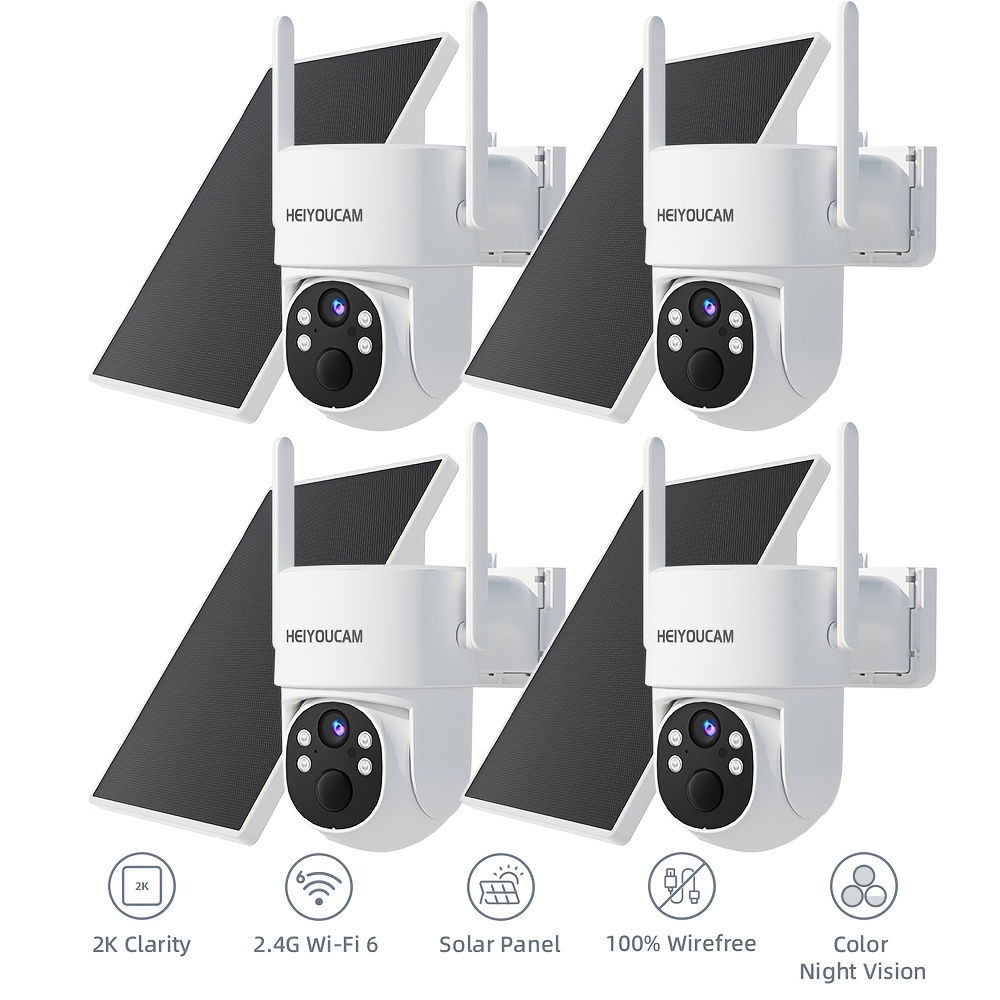 TEMU 4pcs Heiyoucam Solar Security Cameras Wireless Outdoor, 2k 360° View Battery Powered Outdoor Camera, Wifi Home Security With Spotlight Color