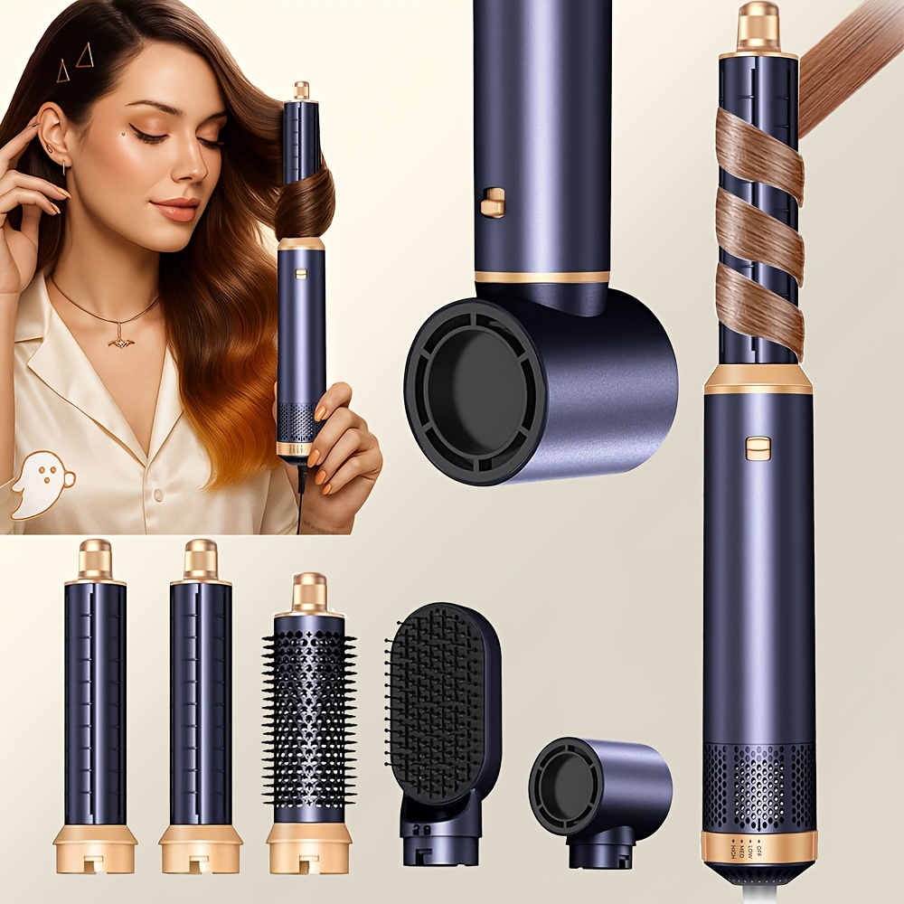 TEMU Kit à Air Chaud 5 en 1, 1000w, avec Diffuseur, Baguette à Boucler Automatique, Lissage et Coiffage, Sèche-Cheveux pour Salle de Bain, Brosse