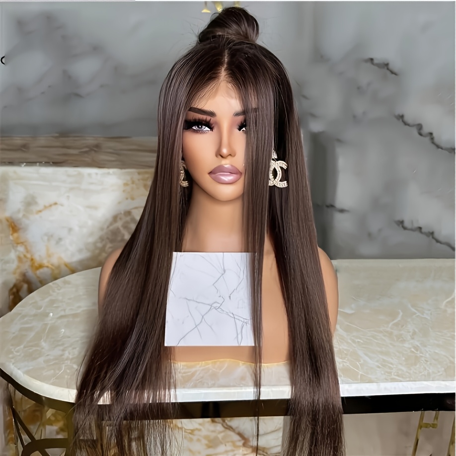 Image of 28 Inches Long Soft Brown Straight Hair Wig | 180 Density Lace Front Wig With Pre-plucked, Suitable For Daily Women, Brand, High Temperature Fiber Material
