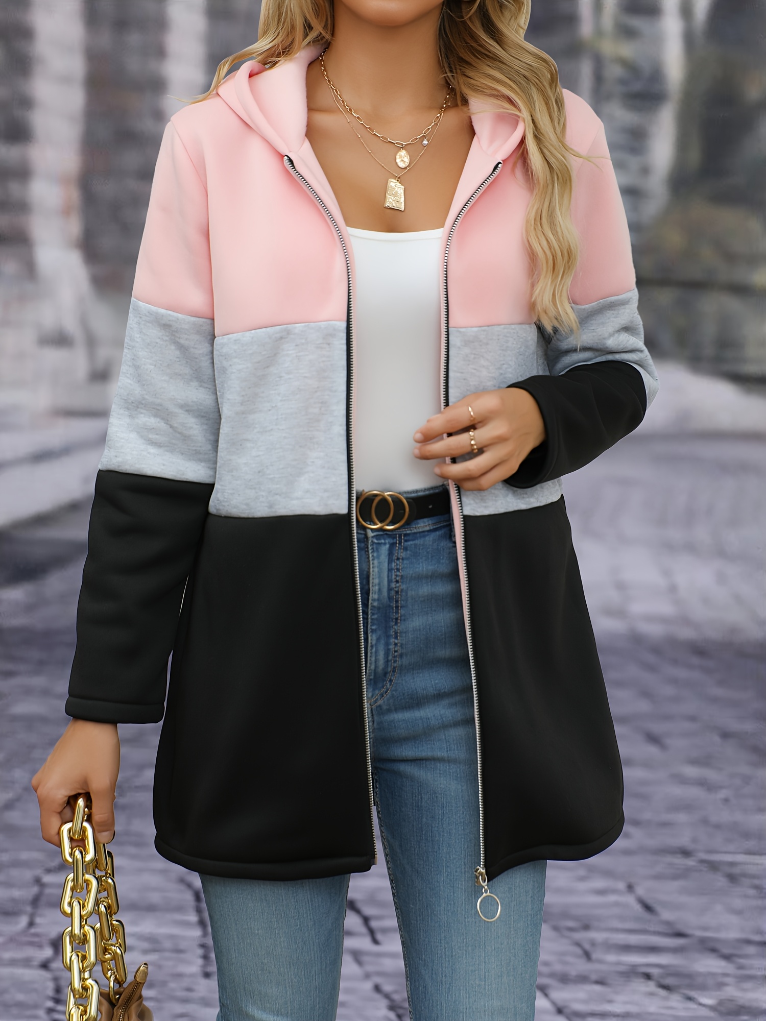 Chaqueta con capucha para mujer, diseño de bloques de colores, abrigo de punto de poliéster, estilo casual, elegante, para otoño/invierno