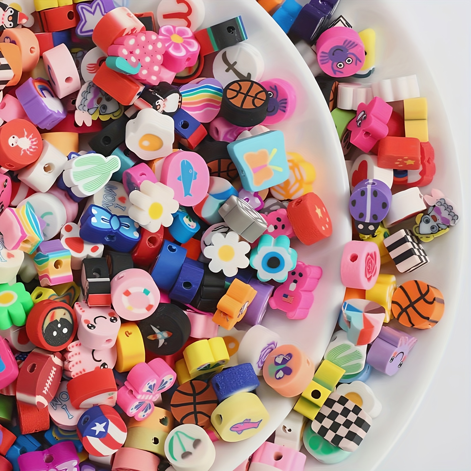 100pcs 10mm Soft Clay Beads (random Patterns) Set, Assorted Floral And Animal Designs, Jewelry Making, Handmade Bracelet Necklace Pendant, Craft Spacer Beads Additions