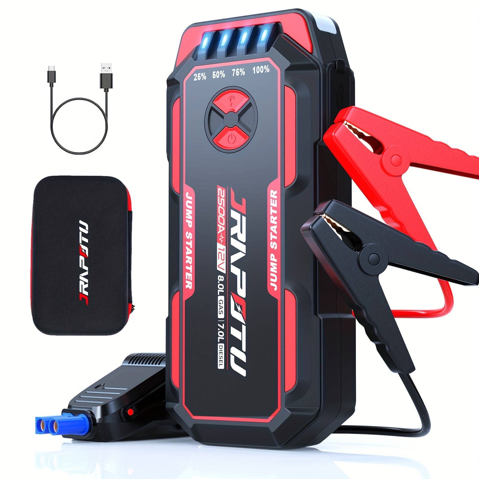 

Car Battery Jump Starter 2500a Jump Box (8.0l Gas/7.0l ) Portable Car Pack, 12v Car Battery Jumper Starter With Safety Jumper Cables, Fast Charge, Lights, Compact
