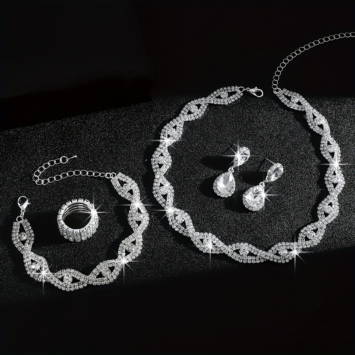 Bride's Luxurious Rhinestone Evil Eye Necklace Bracelet Earrings Ring Set