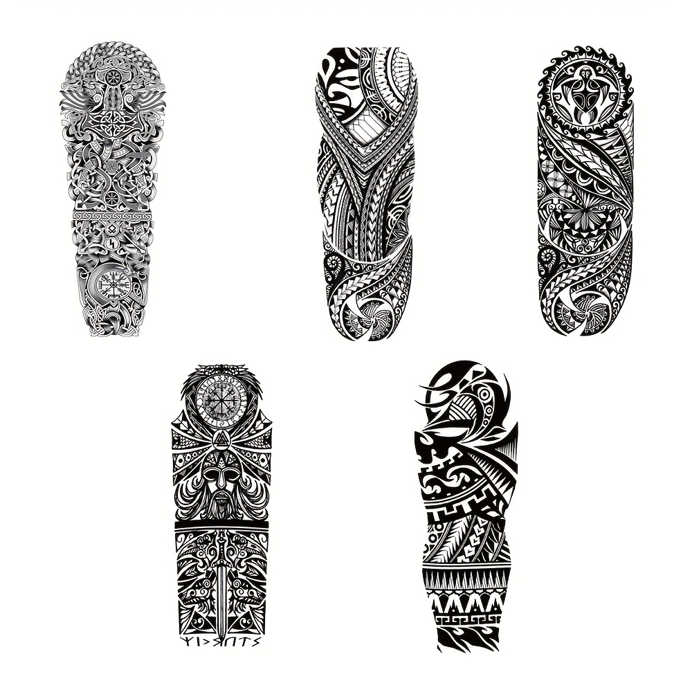 Image of 5pcs Large Full Arm Sleeve Waterproof Temporary Tattoo Sticker Dark Style Tribal Mechanical Turtle Maori Clock Geometric Pattern Fake Tatoo Body Art Tattoo For Men Women Thigh Leg