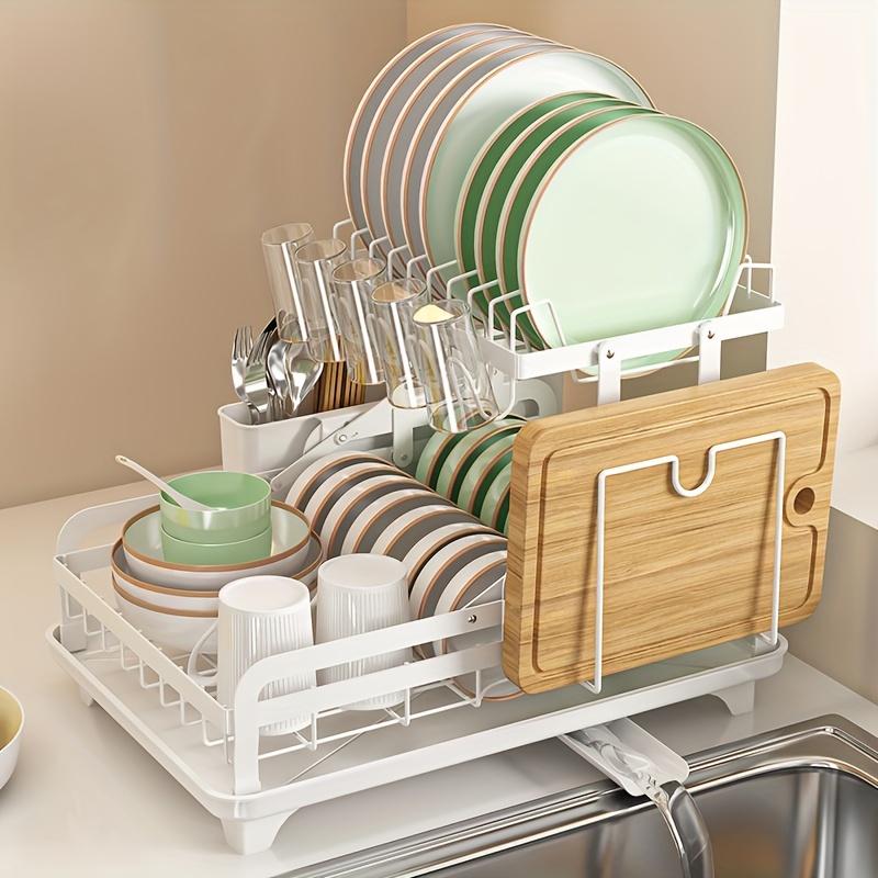 2-Tier Dish Rack, Foldable Dish Drying Rack, Dish Drainer with Drain Board  Utensil Holder for Kitchen Counter 