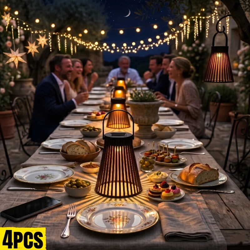 Image of 4pcs Solar Landscape Hanging Lights, 360 Degree Radial Light Beam, Patio Decor, Camping Travel Outdoor Party Lighting, , Black Slat Hanging Lanterns, Festive Arrangement, Terrace Party Equipment.