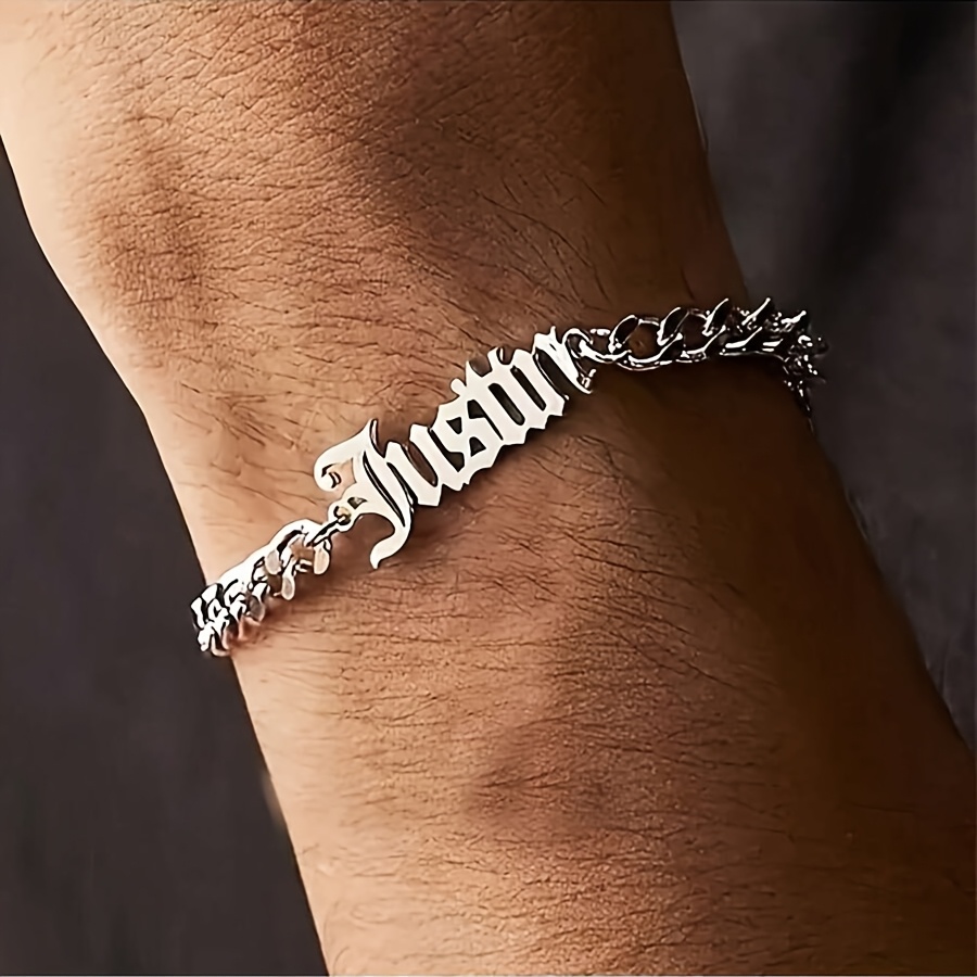 TEMU Customized Men's Personalized Name Bracelet, Valentine's Day Jewelry Gift, 18k Gold Plated 304l Stainless Steel, Elegant Fashion Minimalist