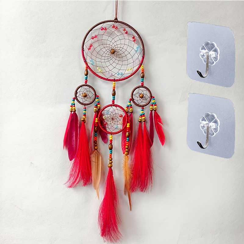 TEMU 3pcs Bohemian -ring Woven Dreamcatcher Set (1pc Dreamcatcher And 2pcs Hooks), Mixed Sizes Of Round Net With Colorful Beads, Multi-colored Wooden