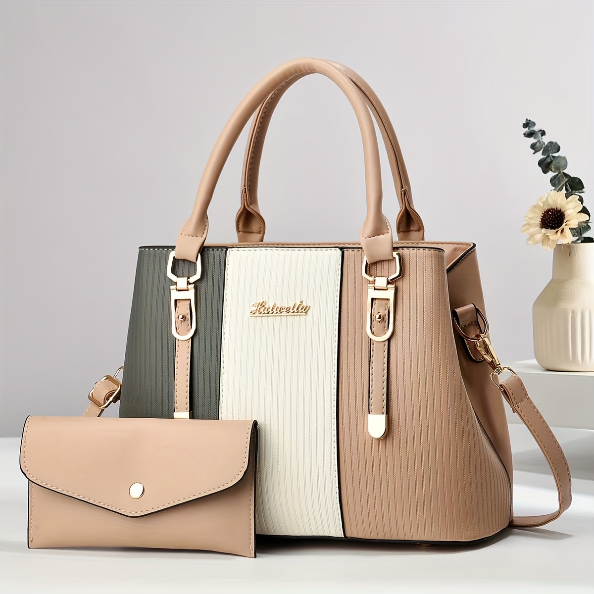 TEMU Elegant Tote Bag For Women, Large Capacity Purse With Fixed Shoulder Straps, Zipper Closure, Polyester Lining, And Edge Paint Detail, Includes Clutch, Perfect Gift For Day