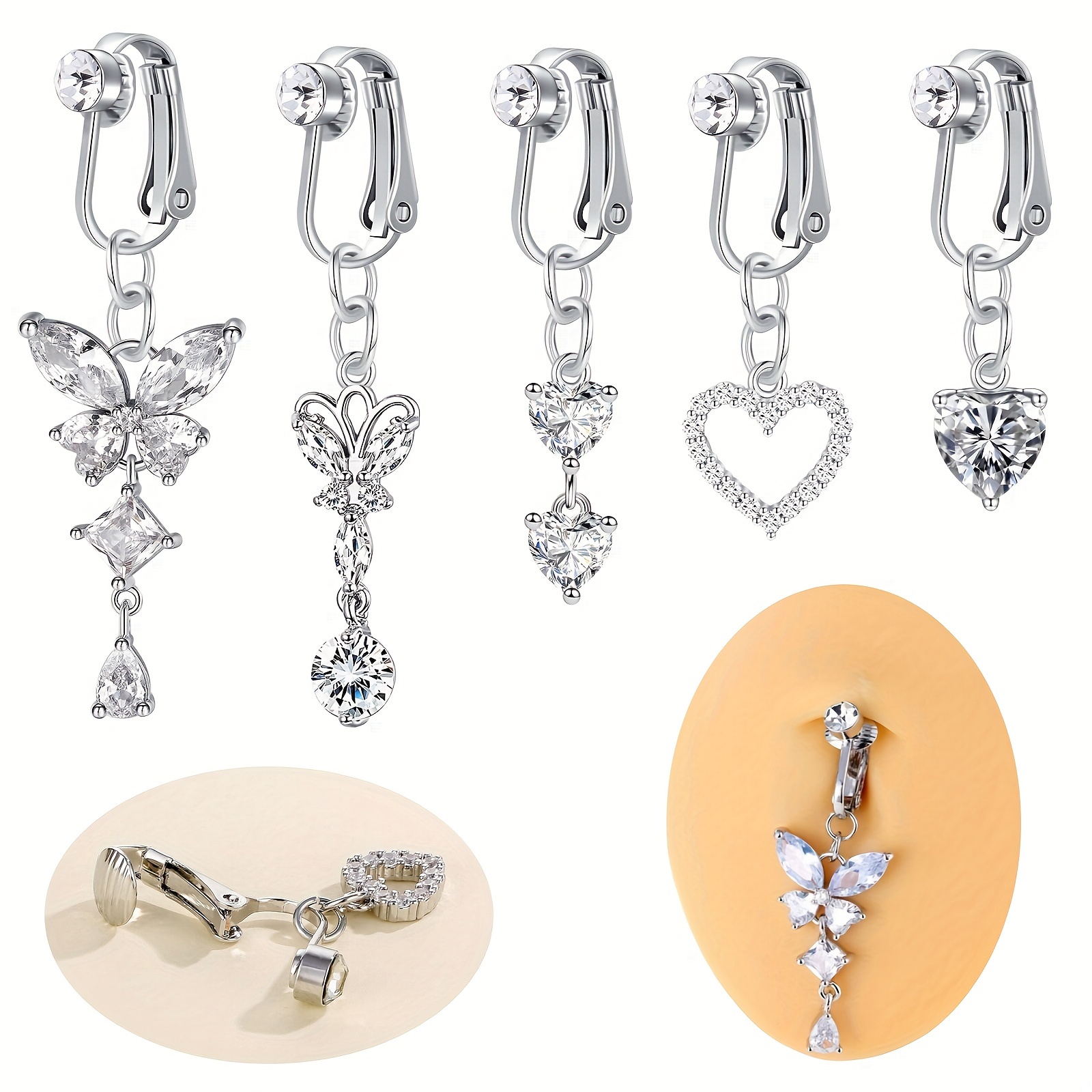 

5pcs Stainless Steel Clip-on Belly Button Rings - , Heart, Floral & Oval Zirconia Designs, No Piercing Required For Women, Parties & Gifts, Belly Button Jewelry, Dbella