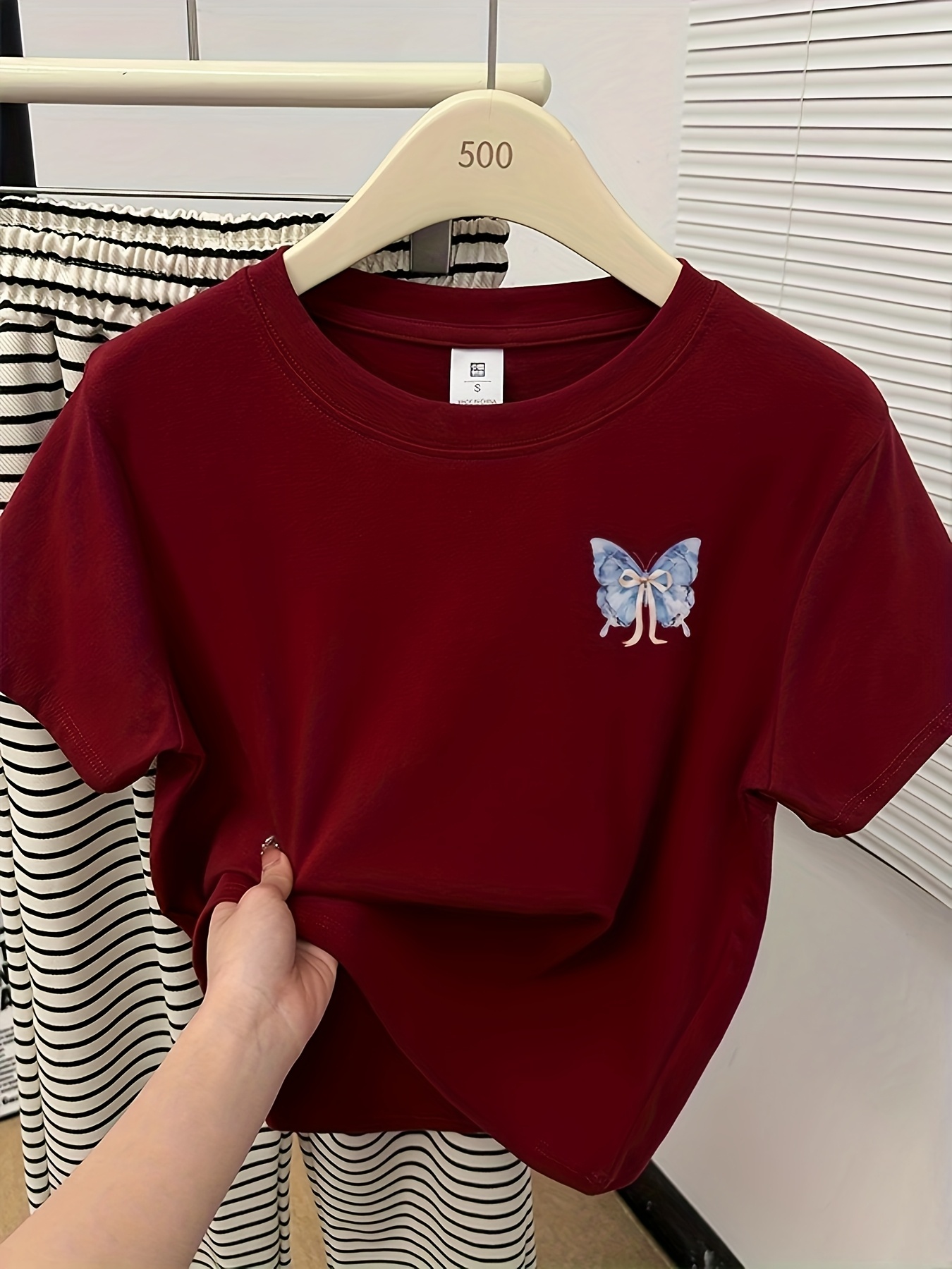 womens   fit   print t shirt hangin   with blue brown butterflies casual short sleeve top for spring summer   shirt Product details 9