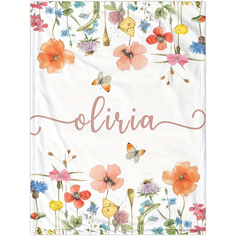 

Personalized Flannel Throw Blanket With Flowers And Butterflies Print, Customized Name, Hypoallergenic, , Machine Washable, - Ideal For Living Room, Office, Pets