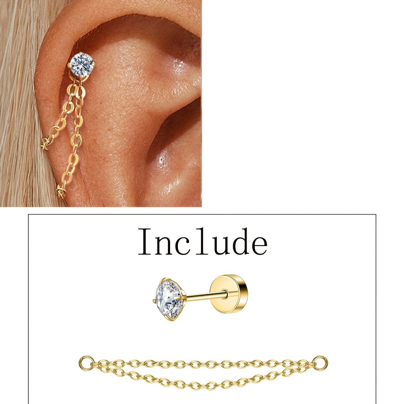 TEMU Boucle d'oreille et compacte à clou d'os avec chaîne - synthétique de 4 mm, boucles d'oreilles boule avec chaîne superposée, bijou de perçage de