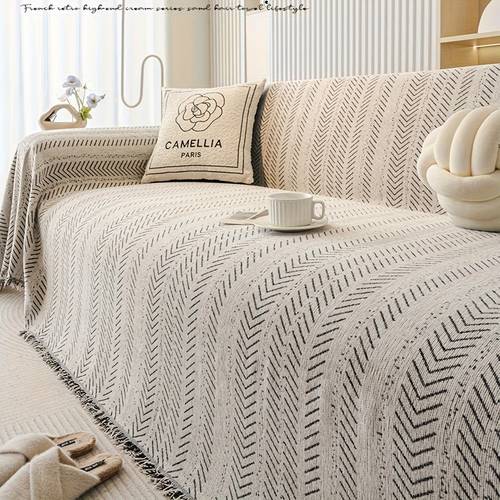 1pc simple herringbone pattern chenille material sofa towel durable and wear resistant pet friendly universal suitable for bedroom living room office decoration