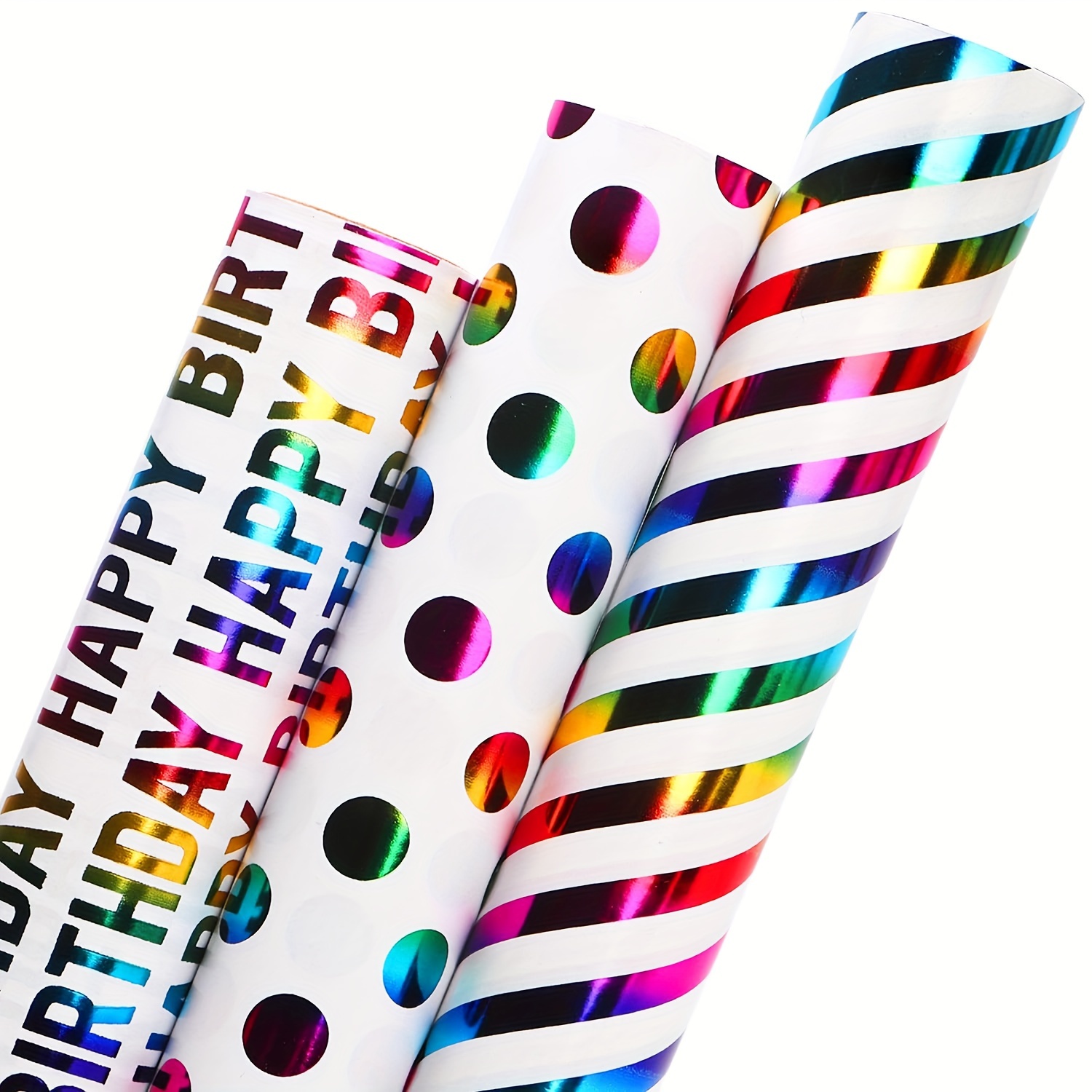 

Happy Birthday Gift Wrapping Paper Set - 3 Rolls Of Colorful Polka Dot And Striped Birthday Wrapping Paper, Paper Material, Perfect For Birthday Presents - 27.5" X 19.7" Each Roll.
