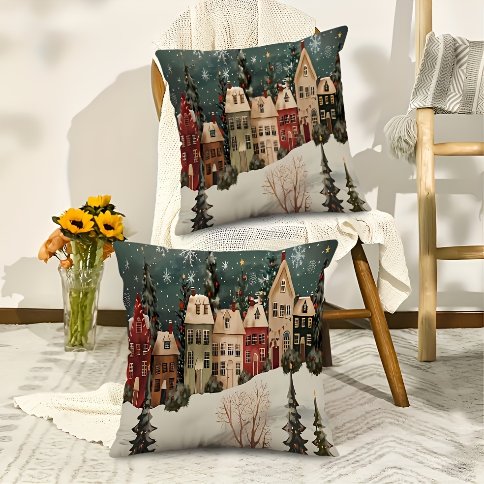 

2pcs Winter Pillow Covers - Vintage & Cabin Design, With Invisible Zipper Closure - Christmas & Farmhouse Decor