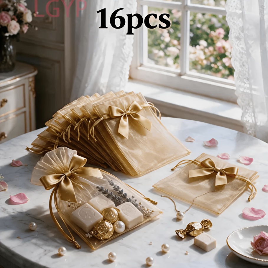TEMU 16pcs Sacs Cadeaux en Organza Doré 3X4 Pouces, Sacs Cadeaux en Organza Transparent Doré avec Nœud à Cordon, Adaptés pour Mariage, Fête, Cadeaux