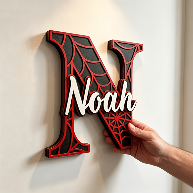 TEMU Custom 3d Raised Wooden Personalized Name Web Cartoon Decorative Plaque Ornament, Red Hollow Web Design, Top Layer With White Letter Decoration,