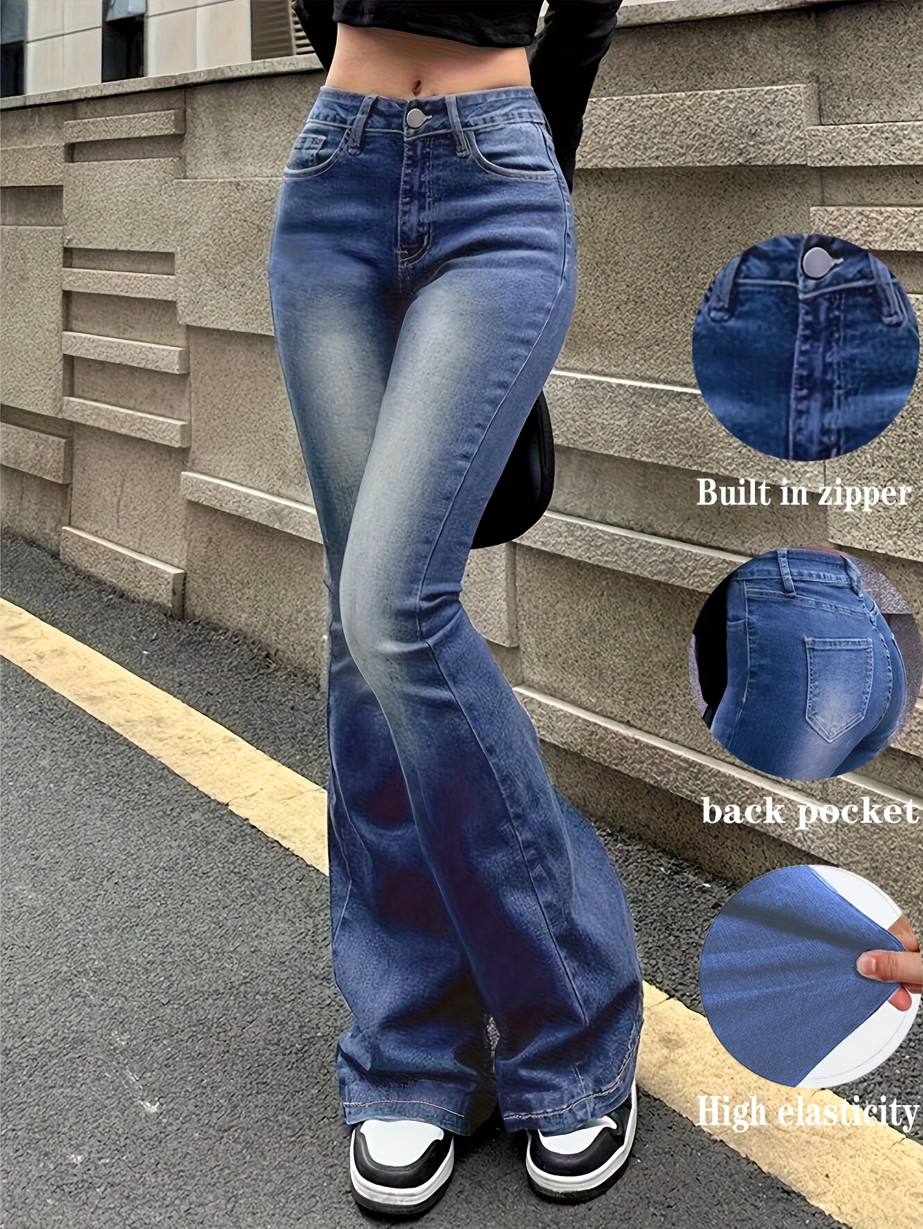 women's vintage blue washed flare jeans, high stretch fit