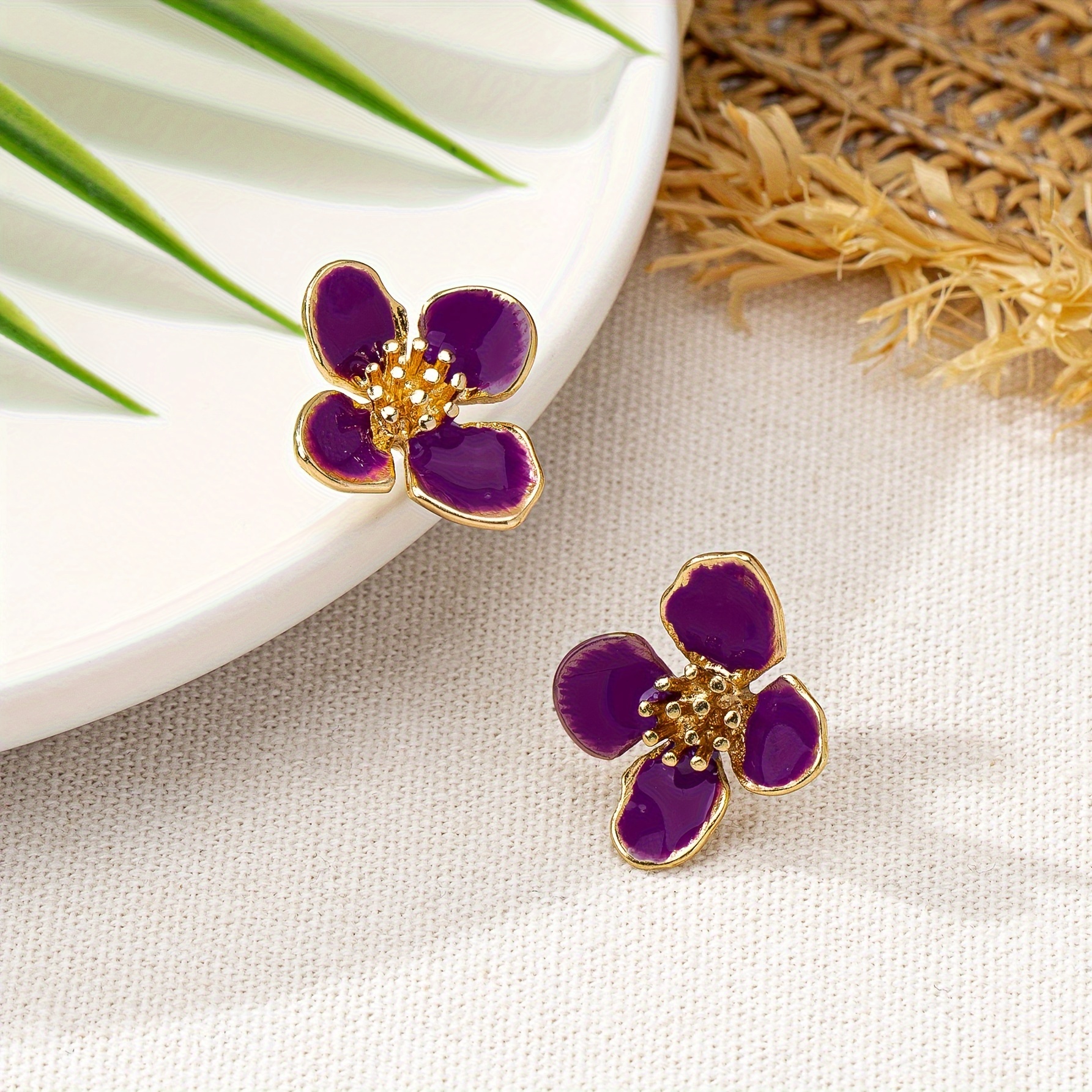 French Women's Flower Stud Earrings, Golden Plated