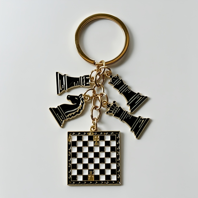 TEMU A Light Luxury Chess-themed Metal Keychain Set, Featuring A Black And Golden Chess Piece Combination With Multiple Pendants Including , Queen,
