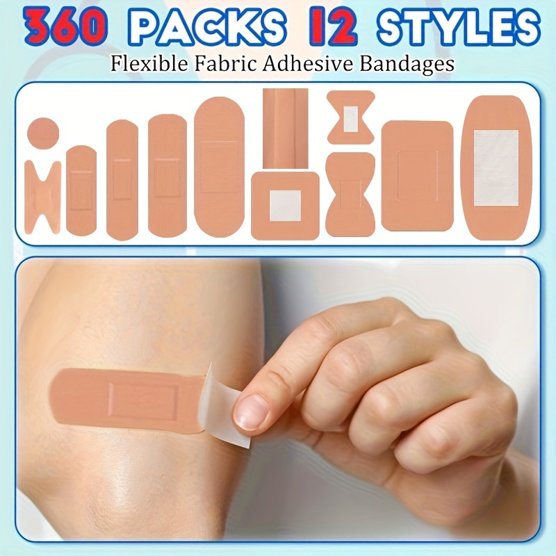 180/360pcs Assorted Styles Flexible Fabric Adhesive Bandages Small Breathable Fingertip Bandages Cloth Elastic Knuckle Bandages Various Sizes Spot Bandage for First Aid and Wound Care
