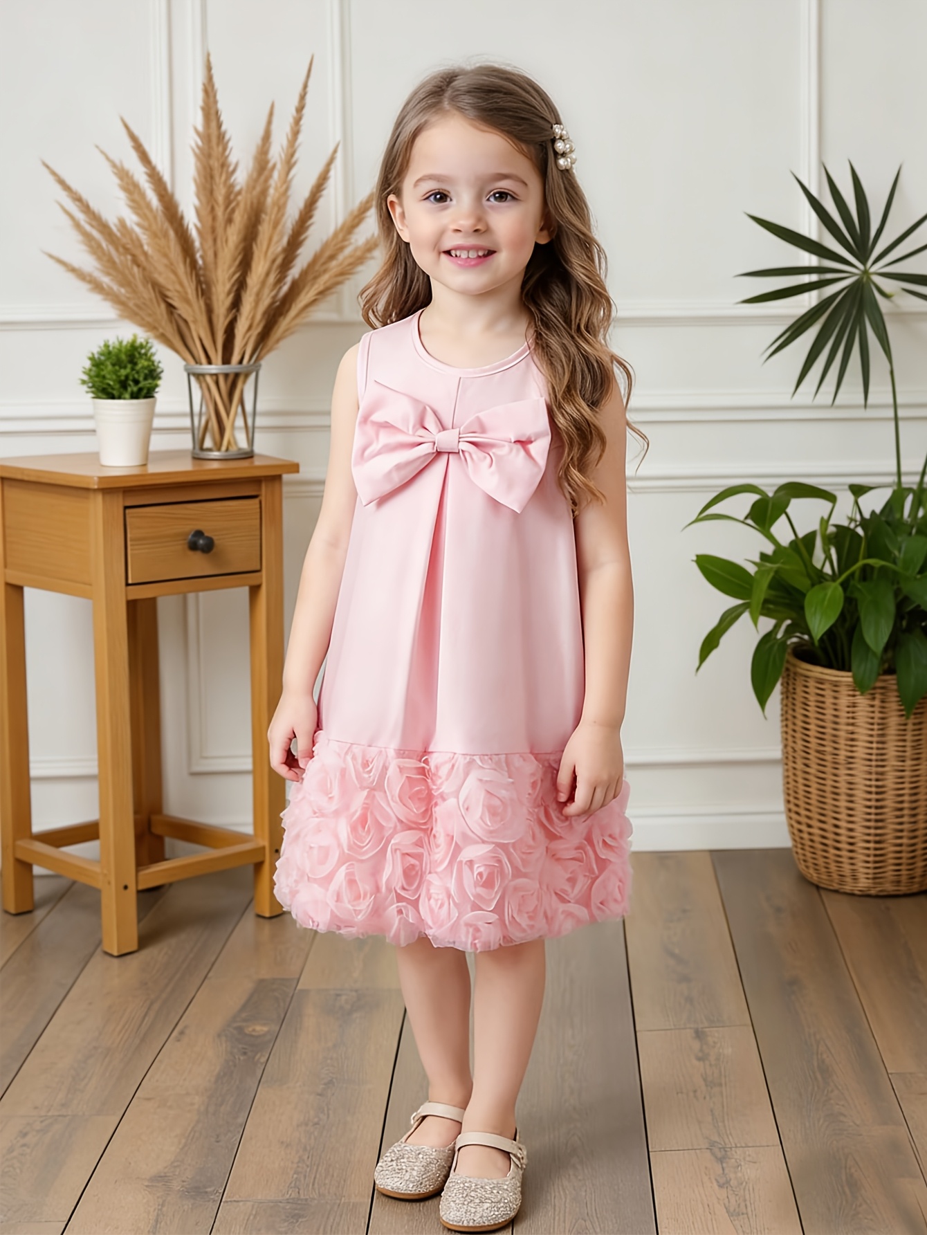 Sweet and Elegant * Straight-cut Dress for Girls, Featuring a Pink  Three-dimensional Rose * Round Neckline, and Sleeveless Design. * Spring  and Summer, This Dress Is Ideal as a Party Dress for Girls, ...