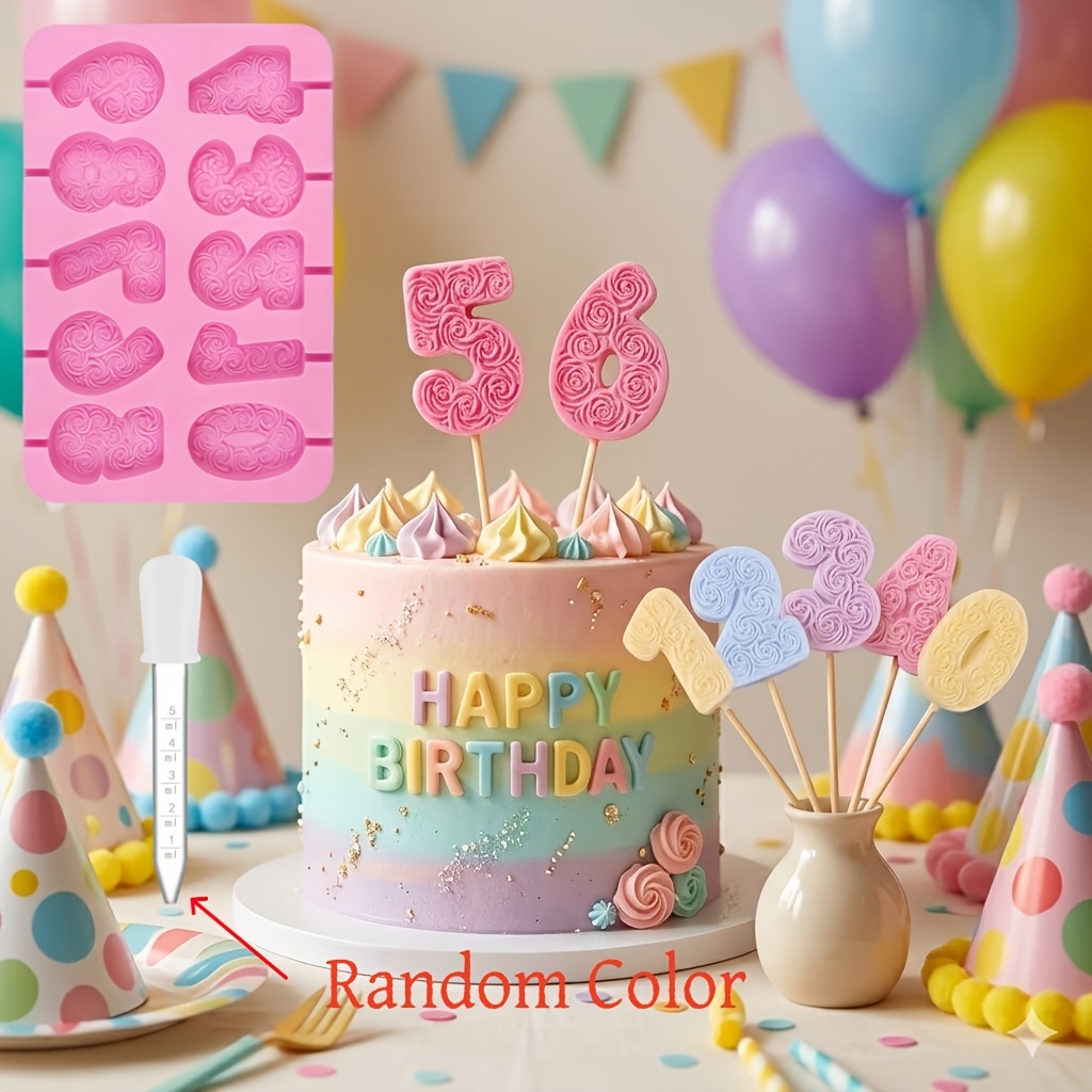 2pcs 3d Rose Shape Number 0-9 Silicone Candle Mold + Random Colors Dropper, Birthday Decor Diy Candle Making Tool