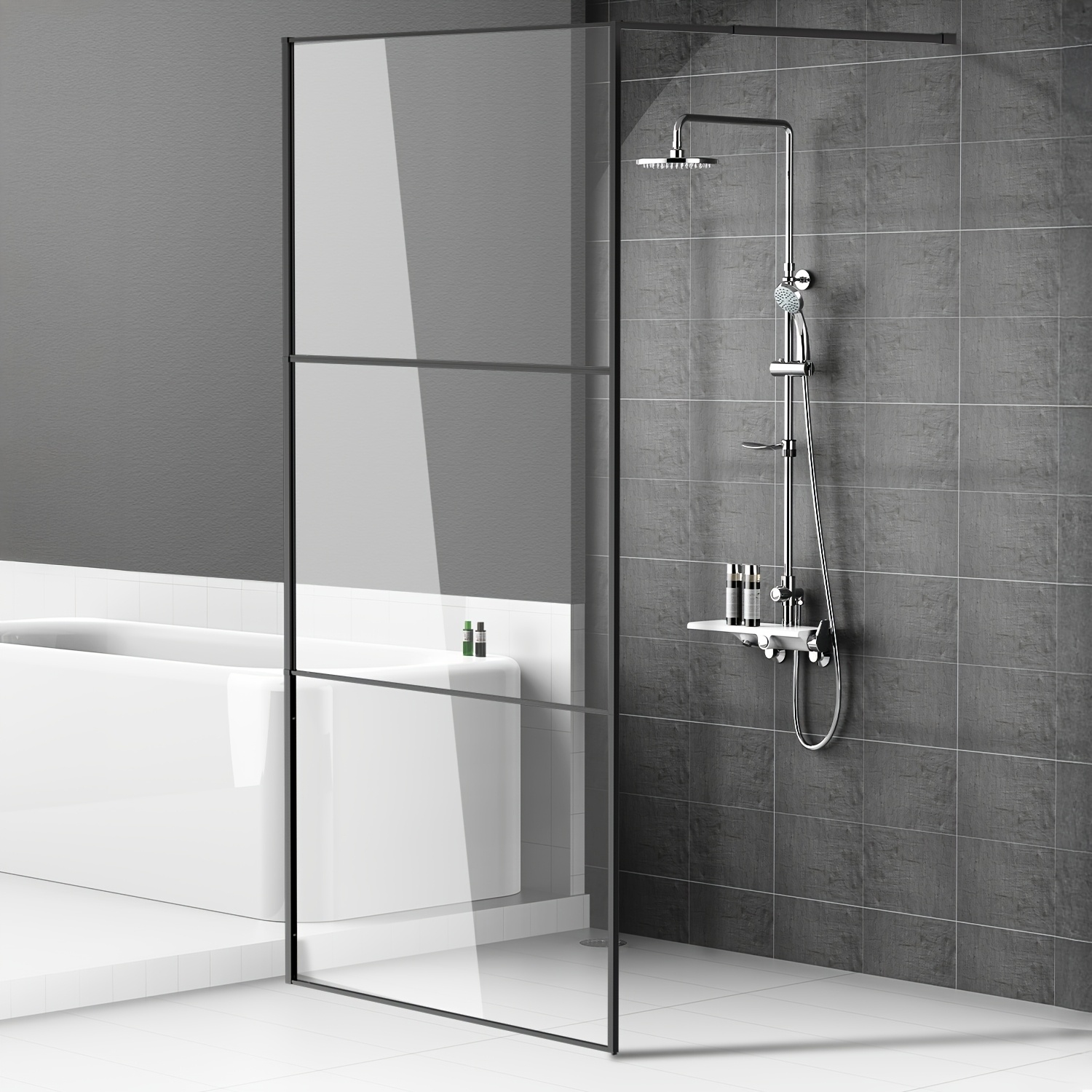 Image of Walk-in Shower Door, 80x200cm Silvery/black Aluminum Frame - 5mm Tempered Safety Glass, 3-, Suitable For Floor Or Shower Base, Reversible Installation, Ideal For Small Bathroom Expansion