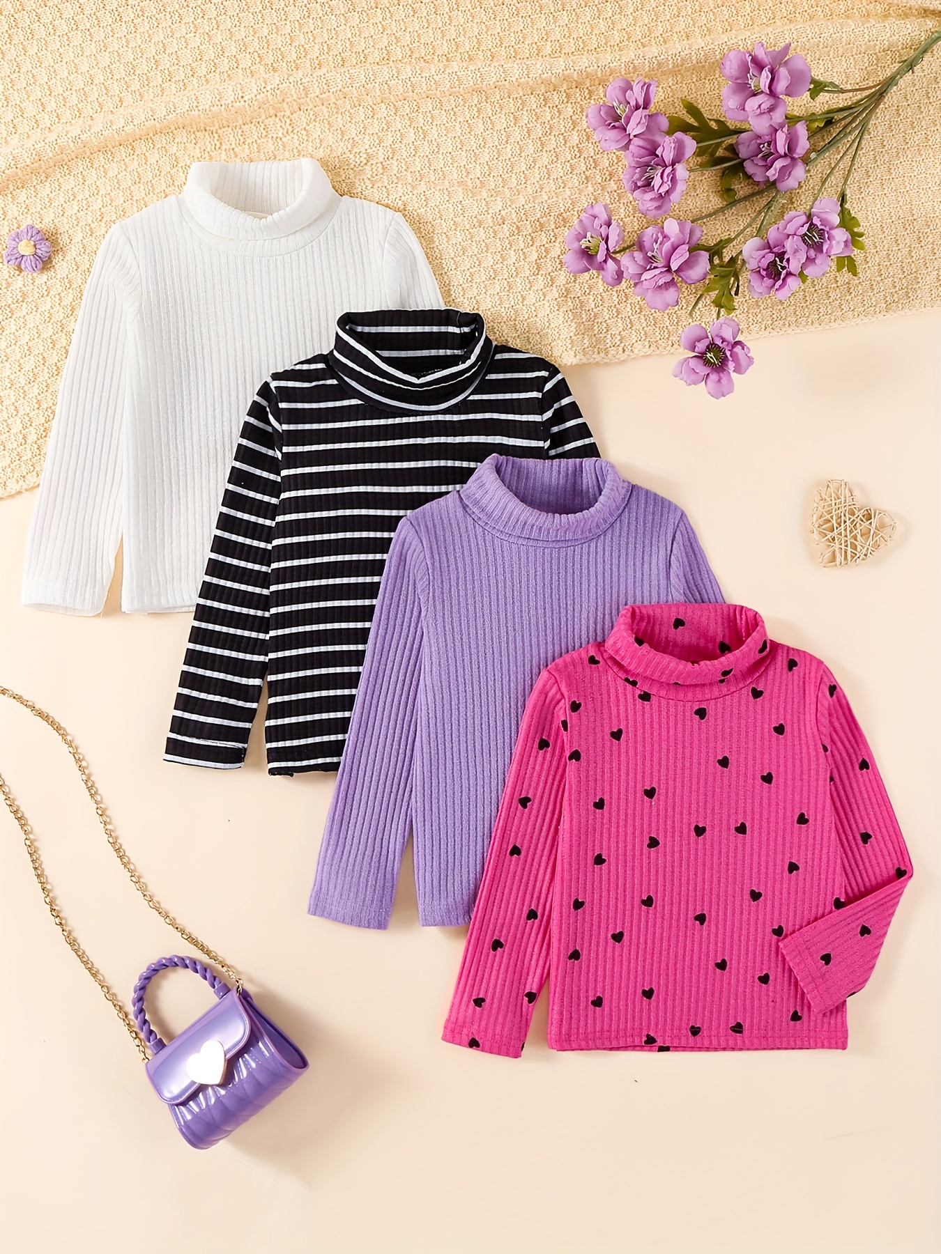 4pcs Girls' High-Neck Stylish Pullover Sweater Set, Autumn/Spring