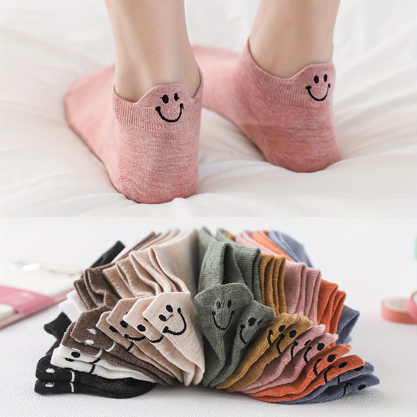 

5/10/20 Pairs Simple Smiling Face Embroidered Ankle Socks, Comfy & Breathable Short Socks, Women's Stockings & Hosiery