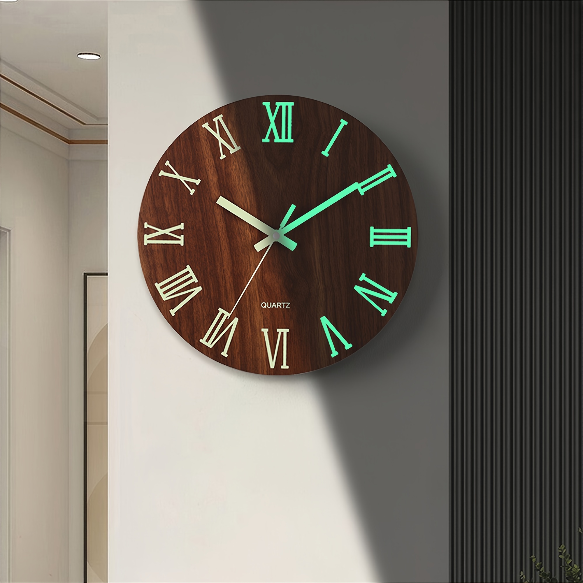 1pc walnut wooden wall clock with luminous hands and numbers round silent quartz movement fantasy theme battery operated aa not included decorative clock for living room bedroom kitchen office ideal birthday gift details 4