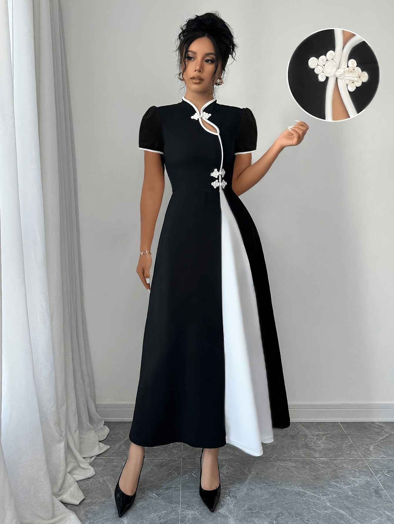 Womens Cheongsam Qipao Dress Stand Collar Color Block Dress