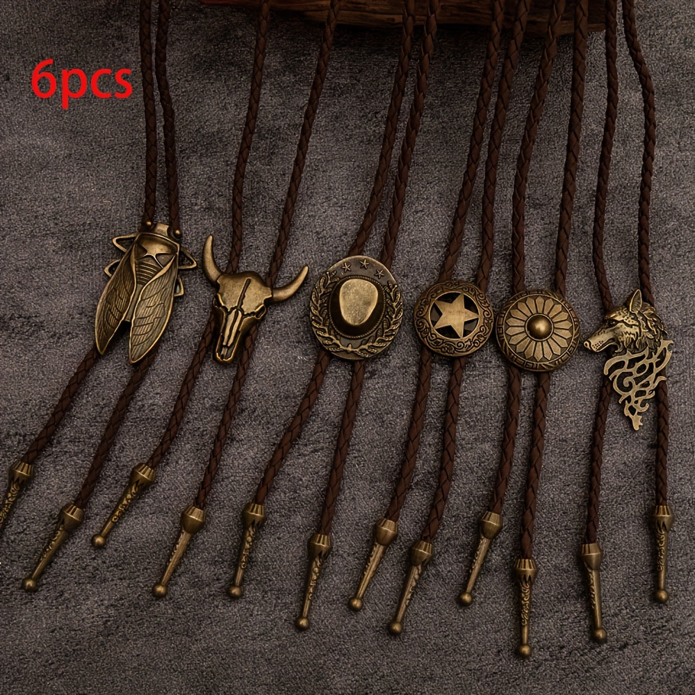 Image of 6/8pcs Random Western Cowboy Bolo Tie Set, Vintage Braided Rope Necktie Necklace, Unisex Retro Shirt Collar Accessory