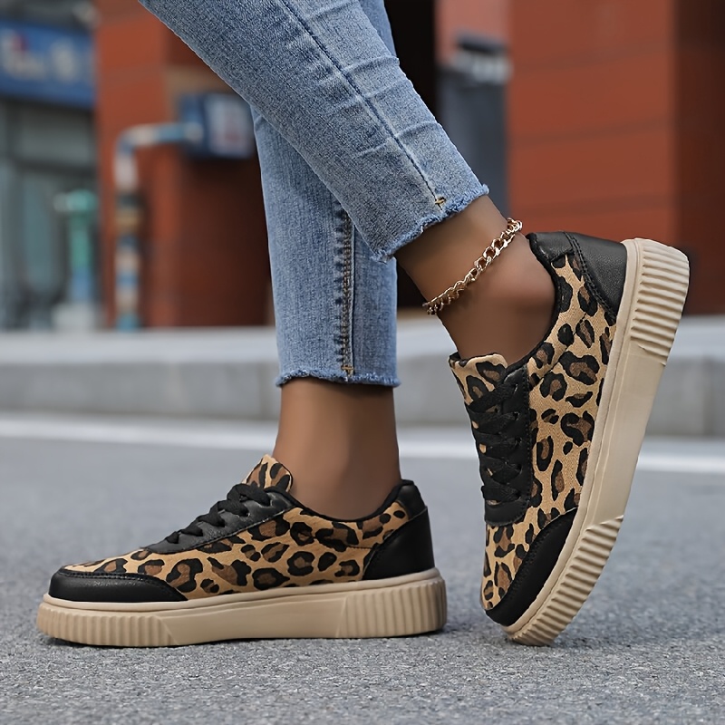 women leopard print sneakers lightweight breathable mesh low top lace up platform shoes with cushioned insole sole leopard print leopard casual athletic wear   yl brand fashionable footwear women shoes Product details 3