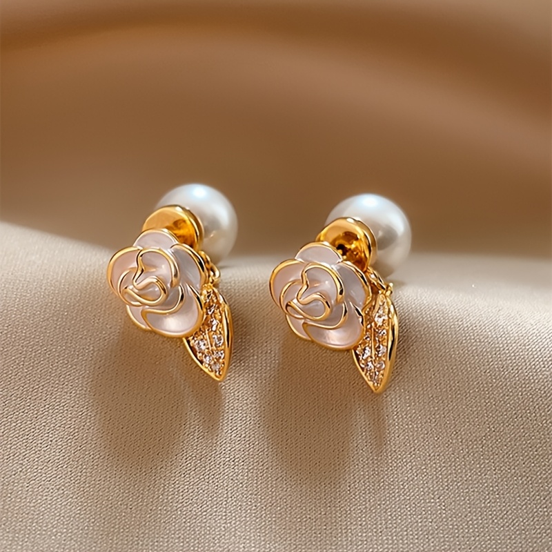 TEMU A Pair Of Women's Fashionable Stud Earrings, Featuring Light Luxury And Elegant Temperament With Enamel-drip Camellia Flowers And Faux. Suitable