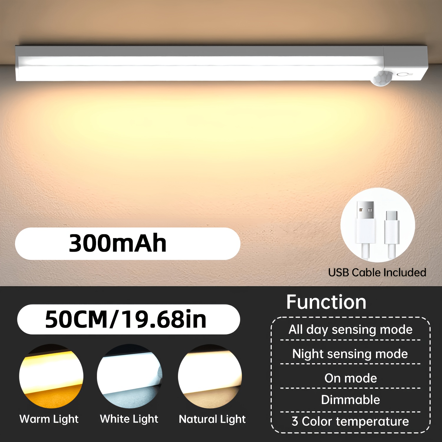 TEMU Nbbuff Motion-activated Led, Dimming, 3 Color Temperatures, 360° Panoramic Sensing, Usb Powered And Rechargeable, Ideal For Use In Bedrooms,